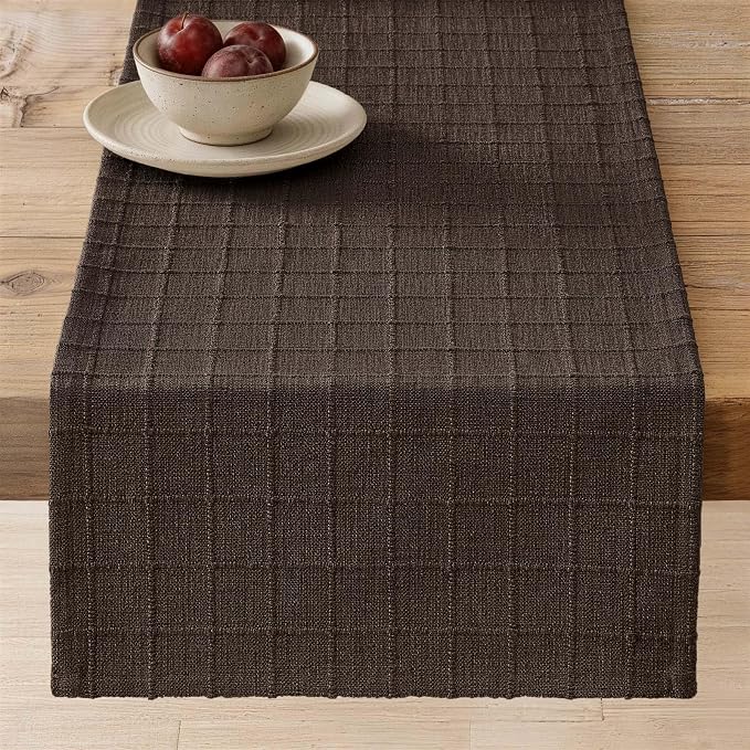 Artisanal Grid Linen Table Runner, 13x90 Inches Chocolate | Heavy Textured by ZEEMARTONLINE