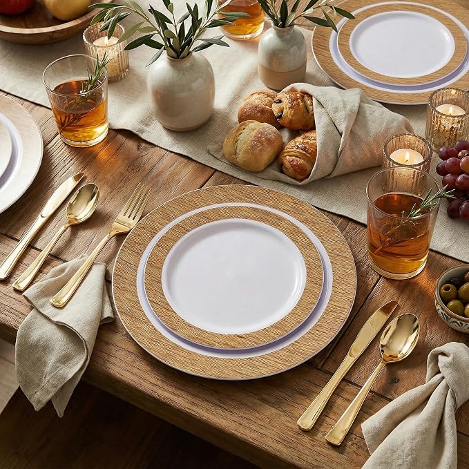 102 Pcs Wood Grain Brown Plastic Plates, Elegant Wood Grain Design - Image 2