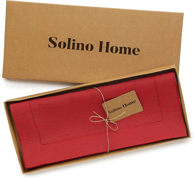 Solino Home 100% Pure Linen Table Runner Red, Classic Hemstitch 14 x 132 in | - Image 5
