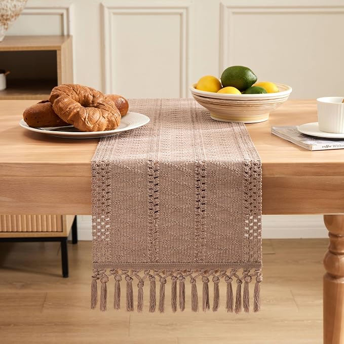 Macrame Style Boho Table Runner, 12x108 Inch Taupe | Woven Boho Table Runner - Image 2