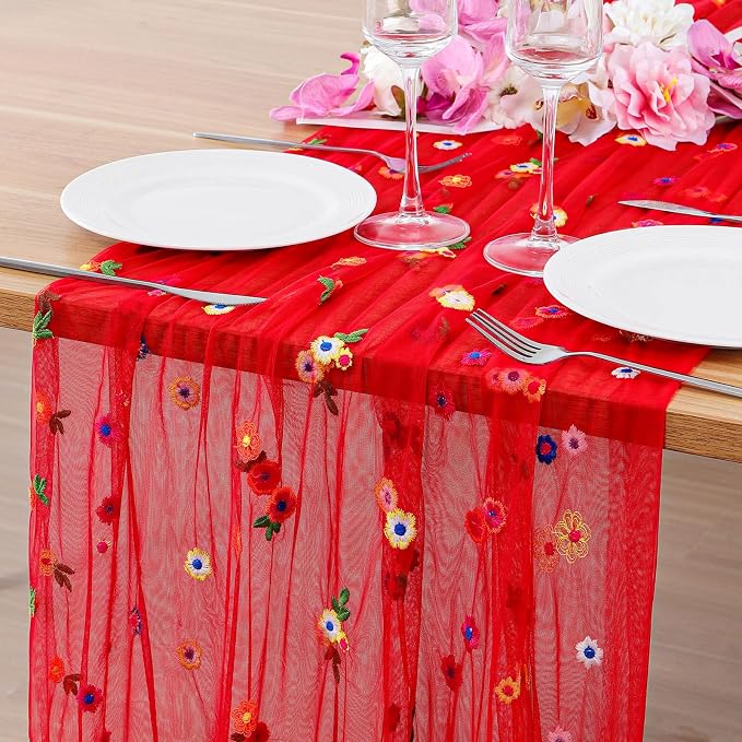 BINBE 12pcs Daisy Spring Table Runner Embroidery Gauze 10FT Florals Seasonal by BINBE