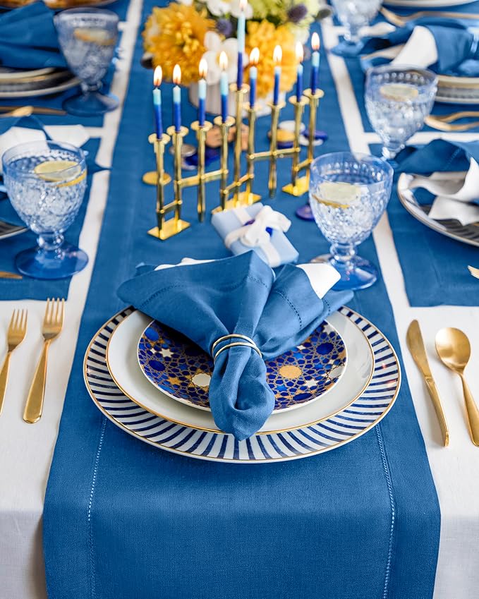 Solino Home 100% Pure Linen Table Runner Indigo Blue Hemstitch, 14 x 72 in | - Image 2