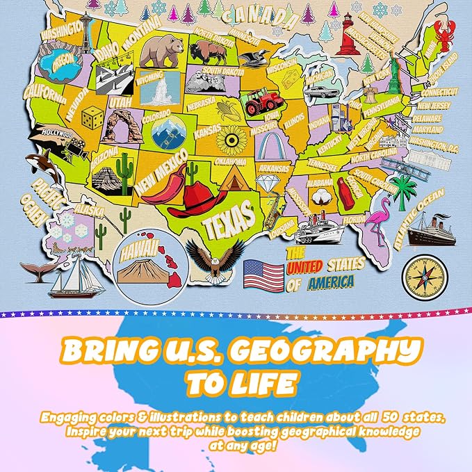 Educational USA Map Area Rug 3x5, Playroom Bedroom Classroom Rug - Image 2
