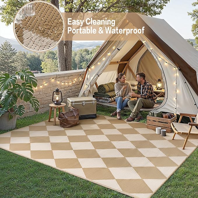 Outdoor Plastic Checkered Rug Waterproof Patio 8x10 Beige Brown Diamond - Image 5