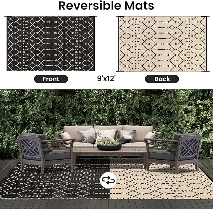 Smiry Outdoor Rug 9x12 ft, Waterproof Reversible Plastic Straw Rugs, Boho - Image 3