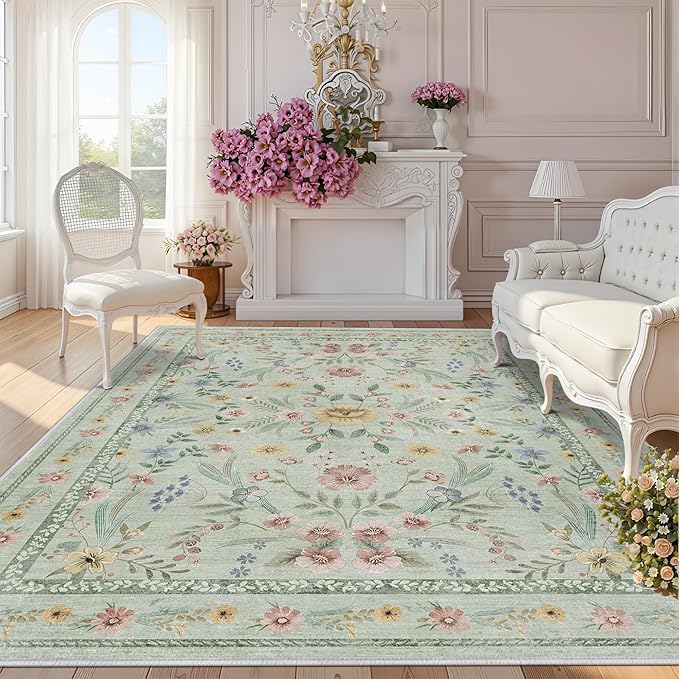 Green Floral Rug for Girls, 6x9 Washable Botanical Bedroom Rug for Nursery by Dadasgk