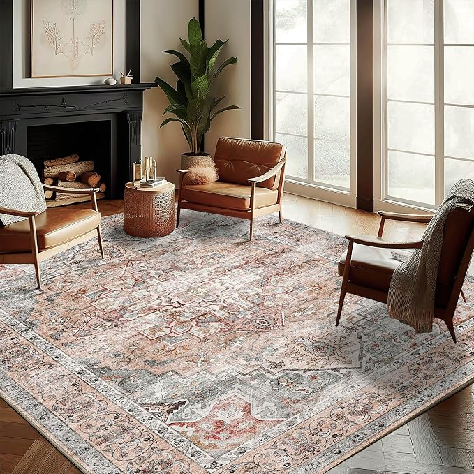 CHAMPLANT Washable Area Rug 8'x10' Light Cyan and Light red Retro Boho Design by CHAMPLANT