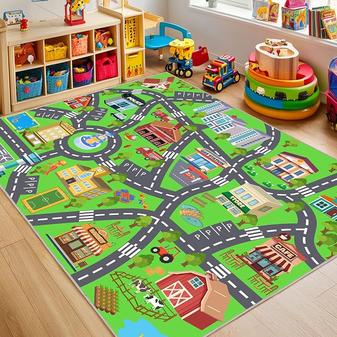 Kids Room Rug - Soft & Non-Slip 9x12 Ft Town Car Rug City Map Play Mat by OHDS