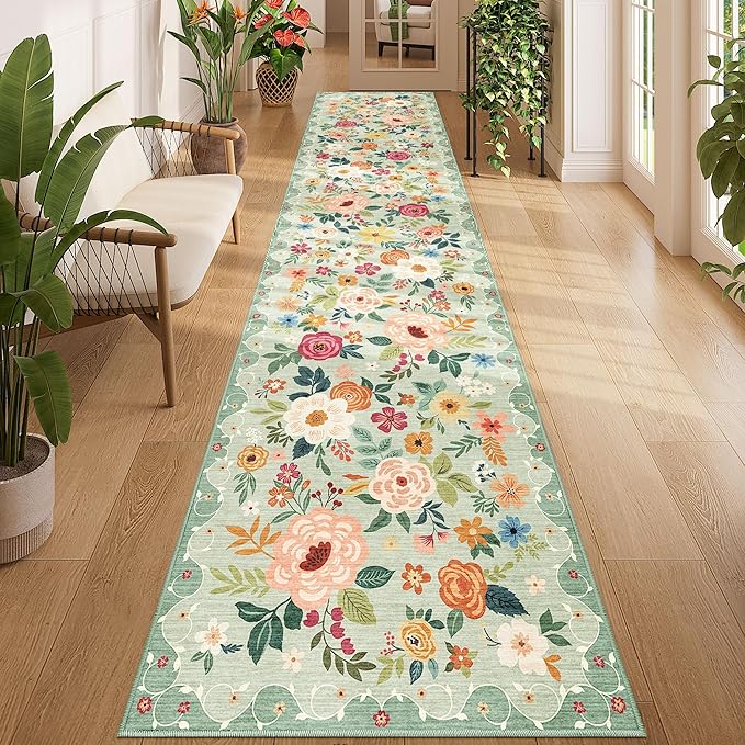 DUKINO 2.6x12 Kitchen Runner Rug, Lightweight Floral Washable Rug by DUKINO