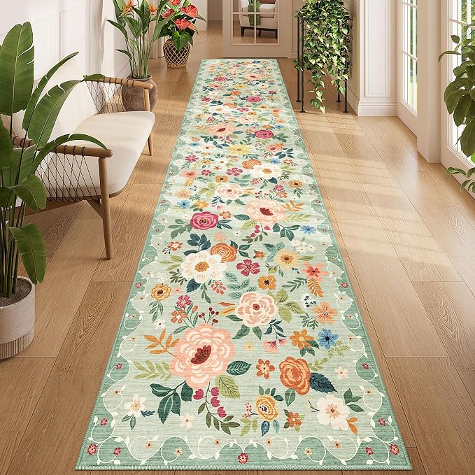 DUKINO 2x12 Washable Runner Rug, Ultra Soft Floral Runner Rug by DUKINO