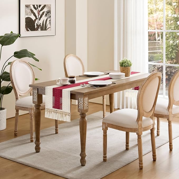Macrame Style Bicolor Stitching Table Runner 14x90in Red | Woven Boho Table - Image 3