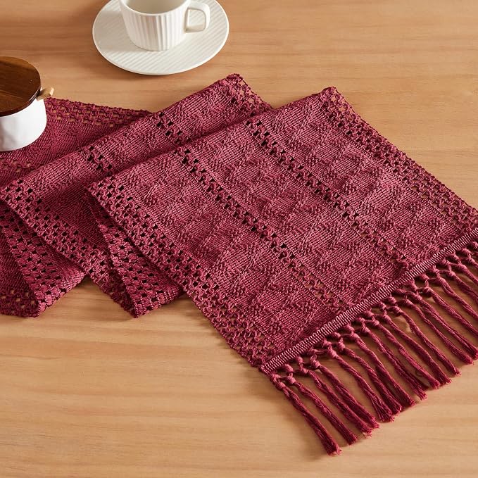 Macrame Style Boho Table Runner, 12x108 Inch Burgundy | Woven Boho Table Runner by ZEEMARTONLINE