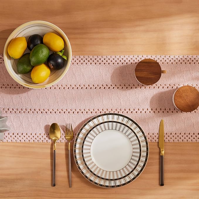 Macrame Style Boho Table Runner, 12x90 Inch Light Pink | Woven Boho Table Runner - Image 4