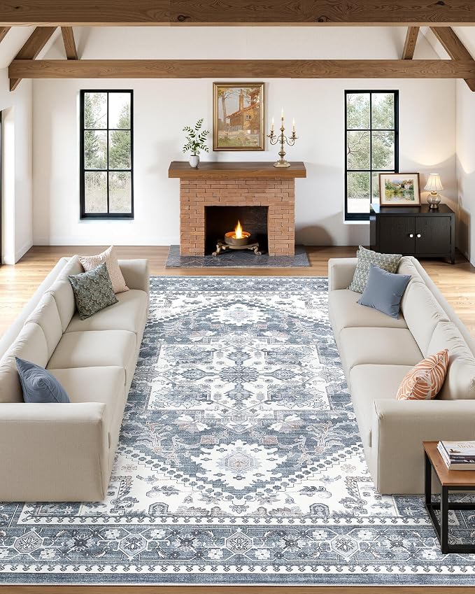 8x10 Vintage Area Rug: Washable Neutral Soft Non Slip Thin Large Floor Carpet - Image 2