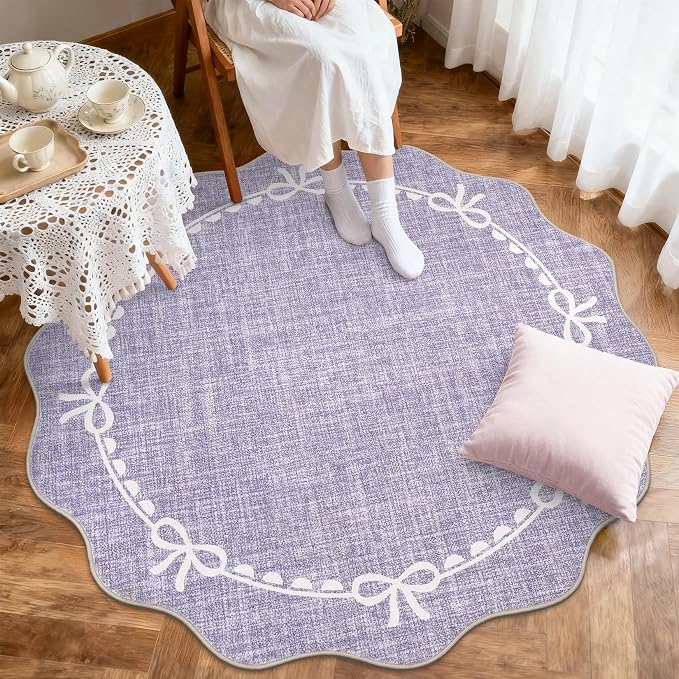 GarveeHome Scalloped Bow Rug for Living Room, 4ft Round Rugs Washable Solid - Image 2