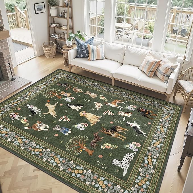 Dogs Area Rugs 9x12 Living Room, Washable Rug Non Slip Floral Low Pile Large Rug - Image 2