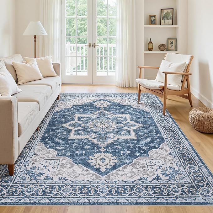 5x7 Area Rugs for Living Room:Blue Washable Vintage Medallion Boho Rug Non-Slip - Image 3