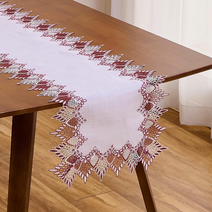 White Dark Red Linen Lace Table Runner 60 inches Dresser Scarf | White Sheer - Image 7