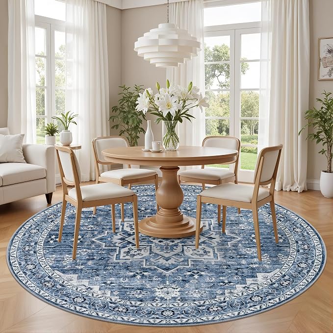 Round Area Rug for Living Room: 4 ft Washable Vintage Boho Soft Thin Circle Rug - Image 3