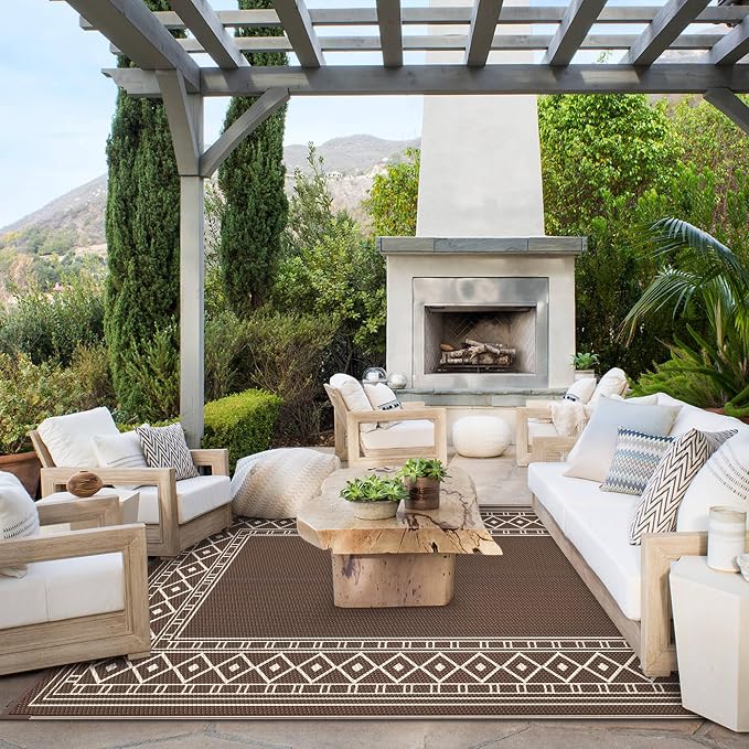 GENIMO Outdoor Rug Waterproof for Patio, Outside Area Mat for Rv, Coffee & Beige - Image 2
