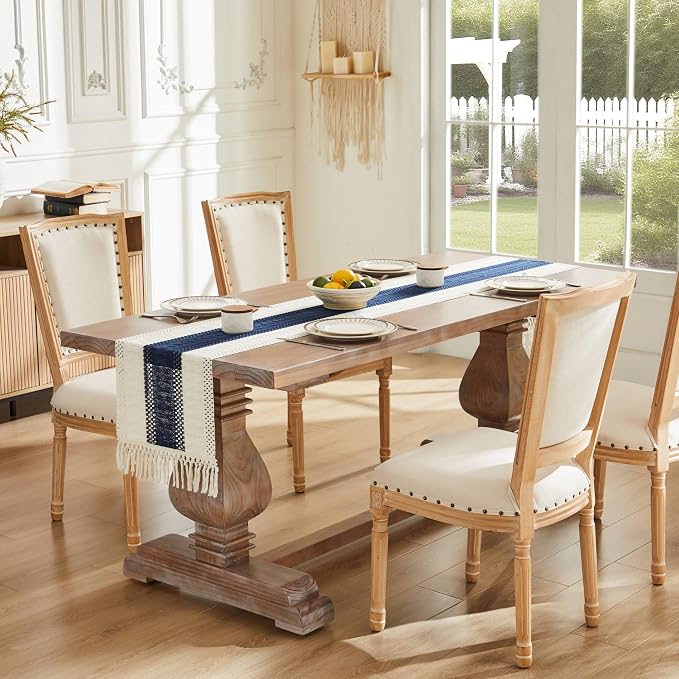 Macrame Style Bicolor Stitching Table Runner 14x48in Navy Blue | Woven Boho - Image 2