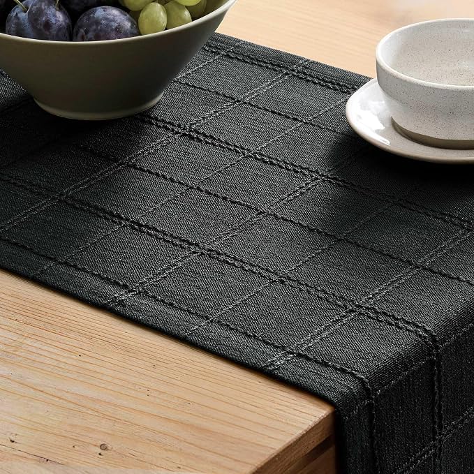 Linen Checked Farmhouse Table Runner, 13x48 Inches Black | Raised Grid Design - Image 5