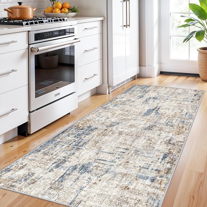 3x7 Washable Non-Slip Kitchen Runner Rug – Modern Abstract Neutral Beige & Gray - Image 3