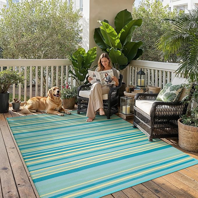 Outdoor Plastic Straw Rug Waterproof Patio 6x9 Teal Yellow Stripe Mat by WondRg