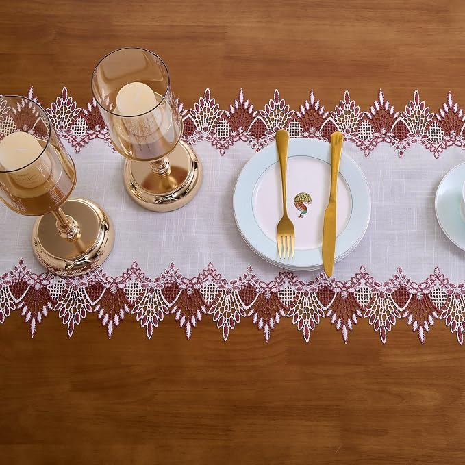 White Linen Lace Table Runners, Dresser Scarf | Red White Lace edge, Wedding - Image 6