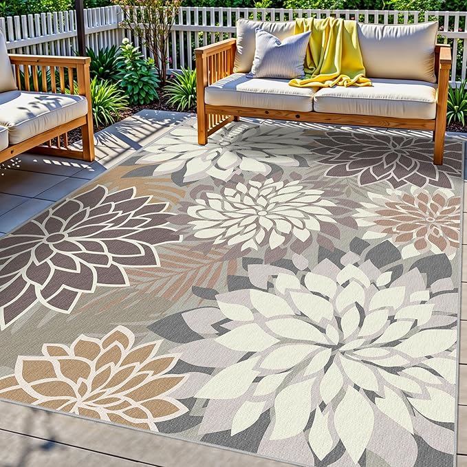 8x10 Outdoor Area Rug Washable Multicolored Patio Rug Tropical Botanical Floral by ArenaRug