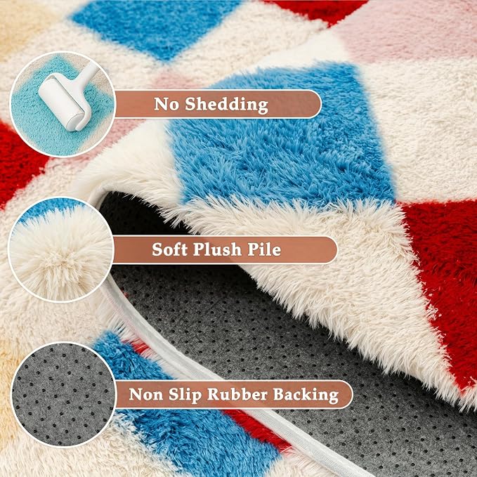PureCozy Checkered Rug 8x10 Fluffy Shag Living Room Colorful Area Rug Modern - Image 5