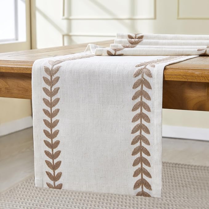 Linen Embroidered Table Runner, Taupe Table Runners 36 Inches Long | Linen - Image 5