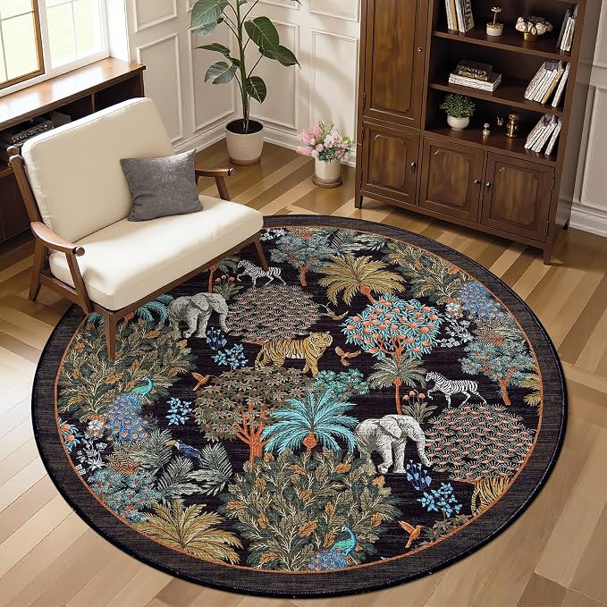 GarveeHome Jungle Round Washable Rugs 6ft Non-Slip Soft Round Rug - Image 3