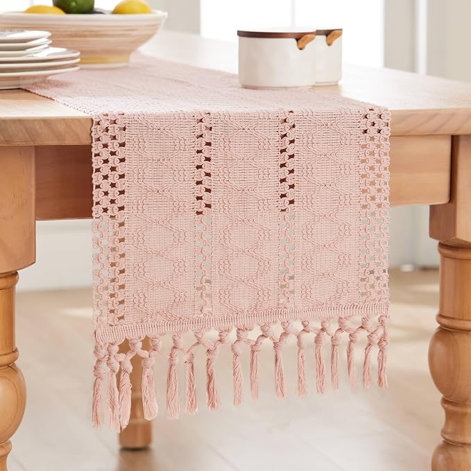 Macrame Style Boho Table Runner, 12x48 Inch Light Pink | Woven Boho Table Runner - Image 7