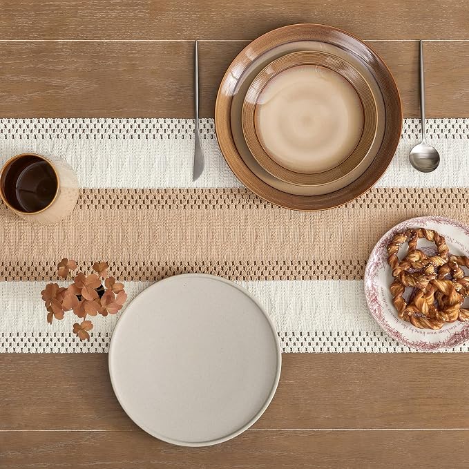 Macrame Style Bicolor Stitching Table Runner 14x48in Beige | Woven Boho Table - Image 5