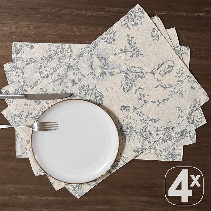 JINCHAN Alice Linen Floral Placemats Set of 4 Farmhouse 13x19 Inch Grey | - Image 3