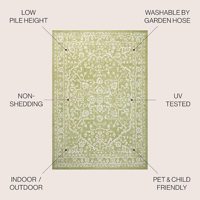 JONATHAN Y Boho Medallion Indoor Outdoor Area Rug 4X6 Green/Cream, Malta - Image 3