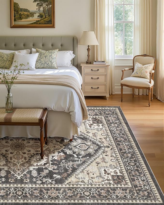 5x8 Vintage Area Rug: Washable Neutral Soft Non Slip Thin Large Floor Carpet - Image 4