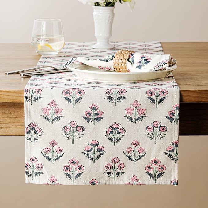 Block Print Floral Decorative Table Runners, 13x60 Inch Pink | 100% Organic by Unknown