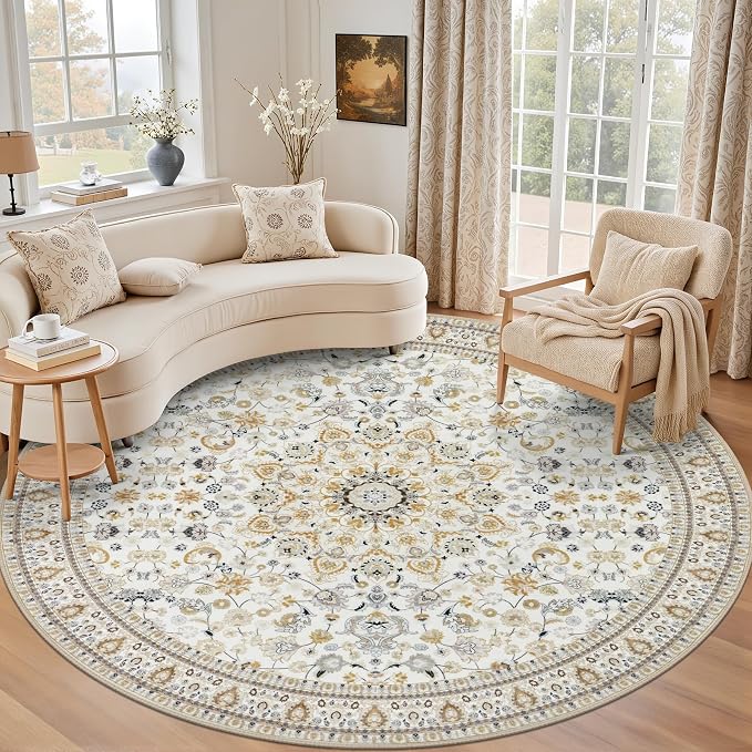 Round Area Rug for Living Room: 8 ft Washable Vintage Boho Soft Thin Circle Rug by EXPEDIX