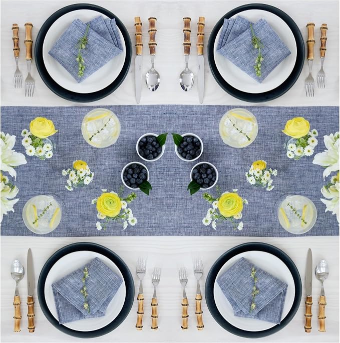 Solino Home 100% Pure Linen Table Runner Chambray Indigo, Athena 14 x 90 in | - Image 3
