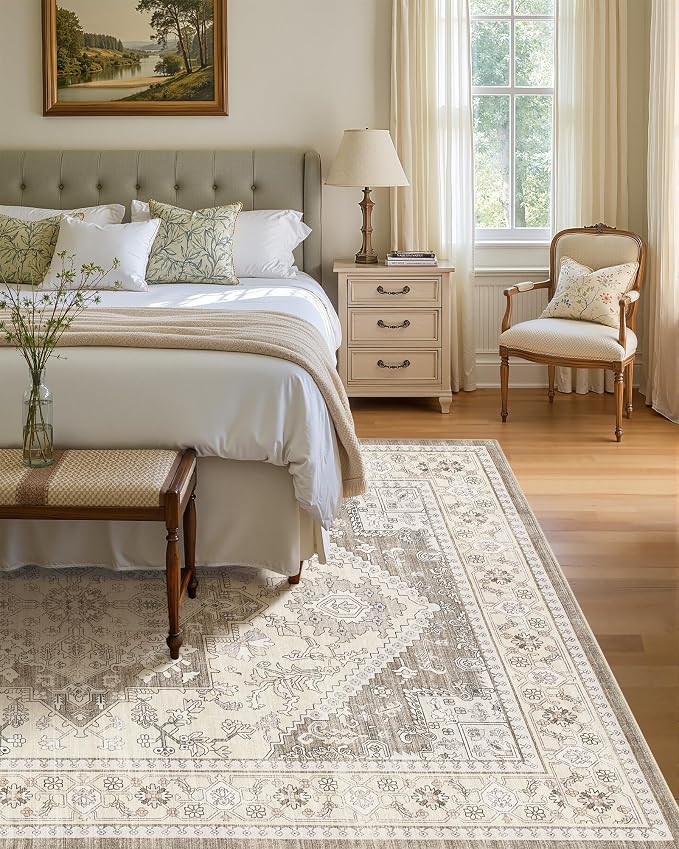10x14 Vintage Area Rug: Washable Neutral Soft Non Slip Thin Large Floor Carpet - Image 3