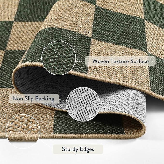 Lahome Colette Checkered Outdoor Runner Rug, 2x8 Green Kitchen Runner Rugs - Image 3