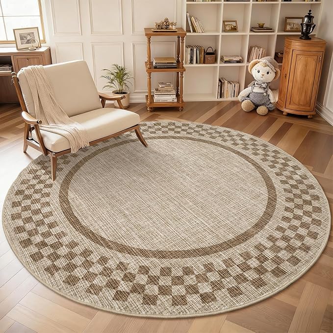 4ft Washable Round Rug for Entryway Modern Checkered Bedroom Circle Rug Non by GarveeHome