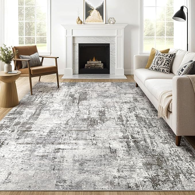 7x10 Area Rug Living Room: Washable Large Abstract Neutral Modern Soft Gray Rug by LOONGRUG