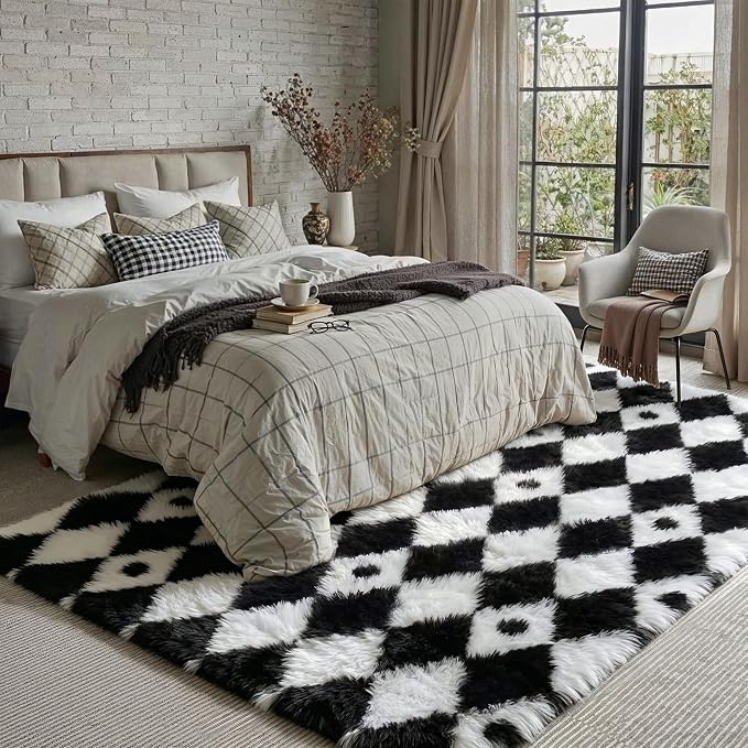 PureCozy Checkered Rug 9x12 Fluffy Shag Living Room Black and White Area Rug - Image 4