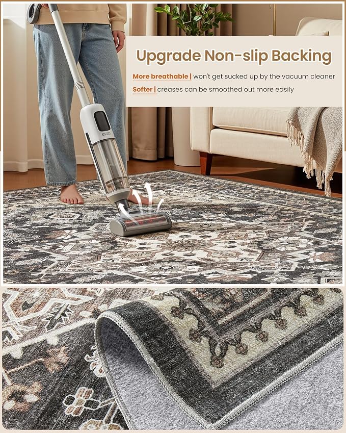 9x12 Vintage Area Rug: Washable Neutral Soft Non Slip Thin Large Floor Carpet - Image 5