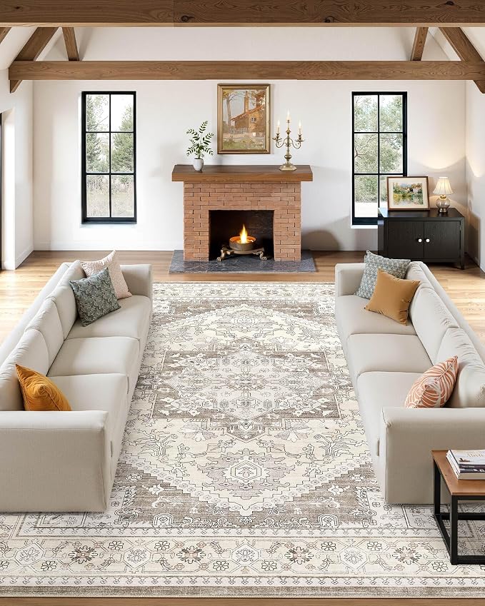5x7 Vintage Area Rug: Washable Neutral Soft Non Slip Thin Large Floor Carpet - Image 2