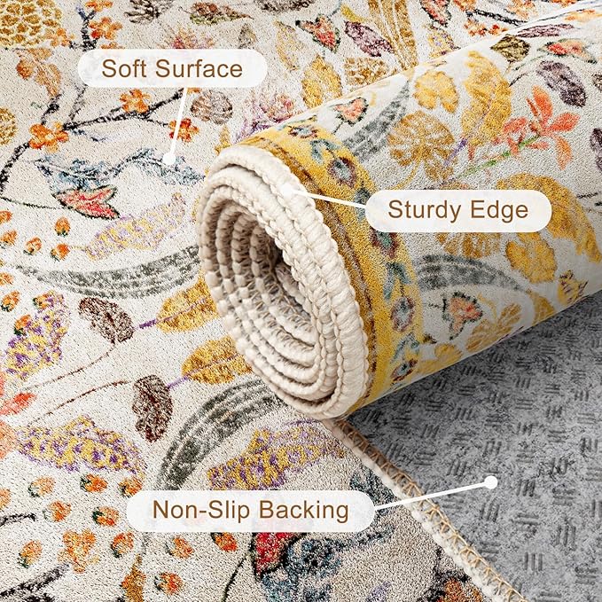 AMTOVO 5x7 Washable Area Rugs for Bedroom, Vintage Boho Floral Distressed Print - Image 5