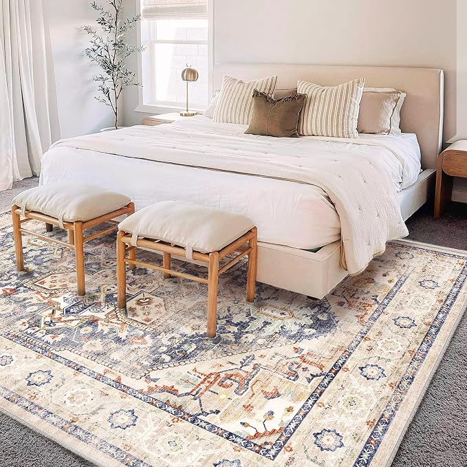 CHAMPLANT Washable Area Rug 10'x14' Blue Khaki Retro Flowers Boho Design - Image 2